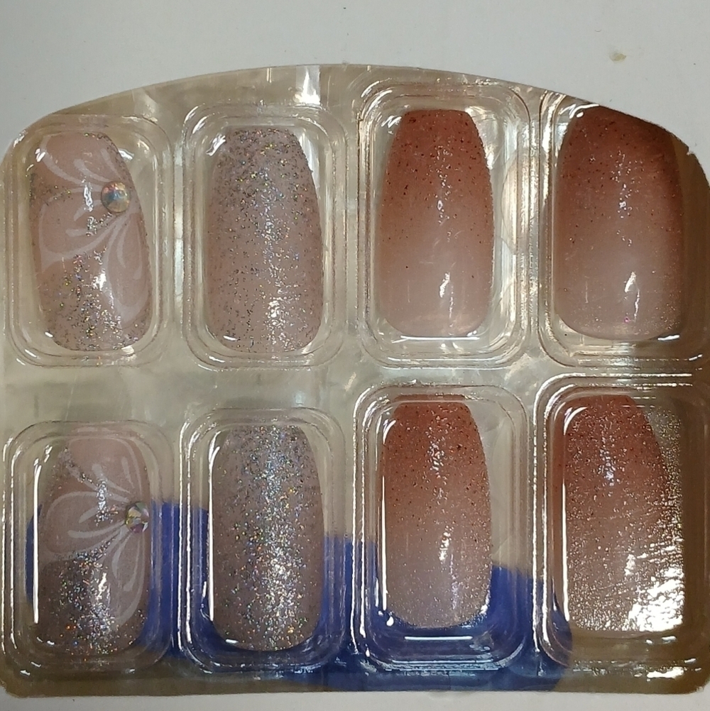 Pink glitter flower gem press on nails 24 piece kit new